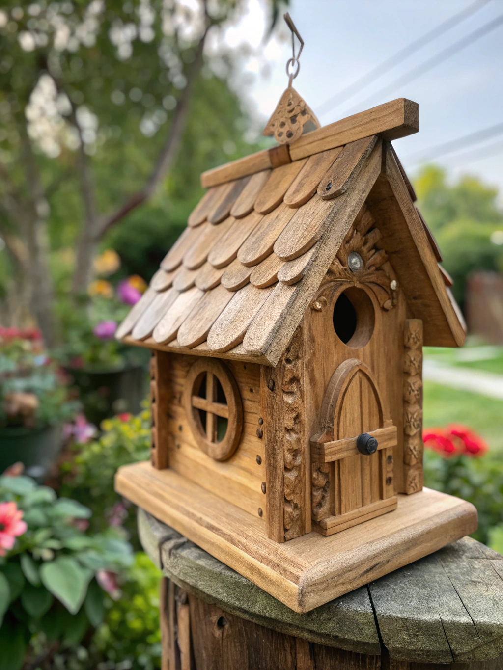 Handcrafted cedar bird feeder hanging from a sunlit branch with songbirds