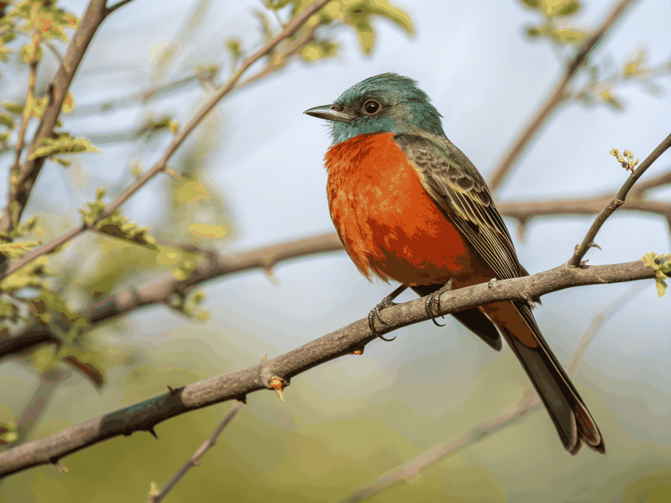 A small bird perched on a branch during a crisp autumn morning