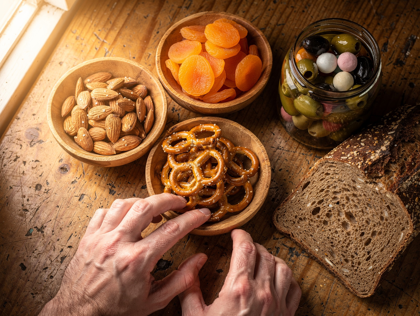 Assorted bird seeds and suet cakes on a rustic wooden table