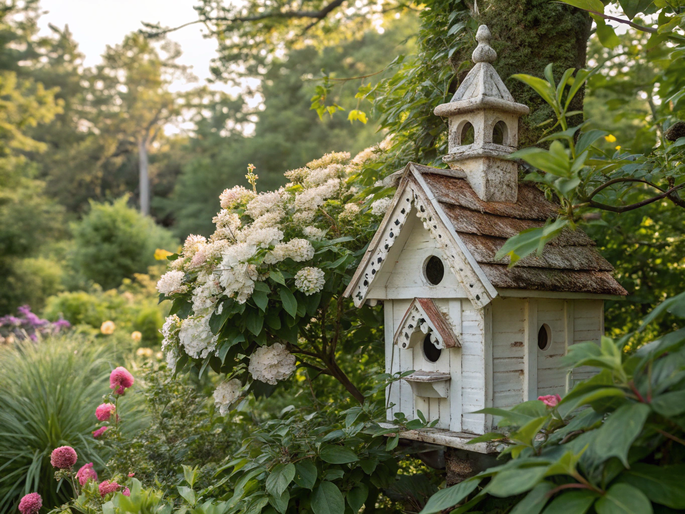 A bird feeder protected by a dome baffle in a lush garden setting