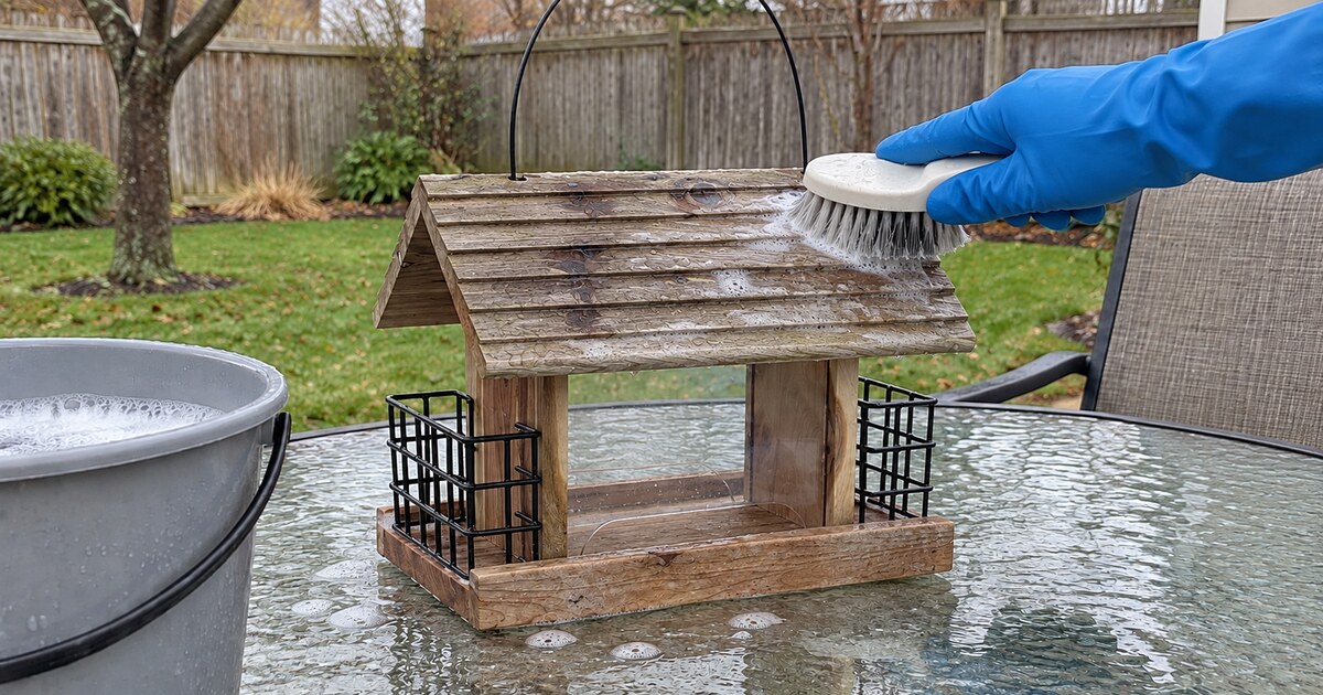wooden bird feeder being cleaned with soapy water and a brush